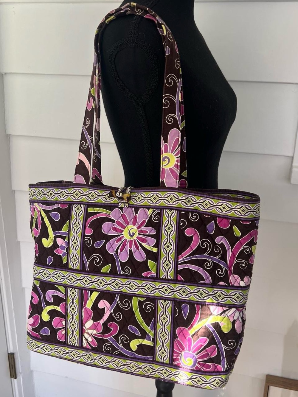 Vera Bradley Purple Punch Quilted Floral Tote Bag in Brown and Pink